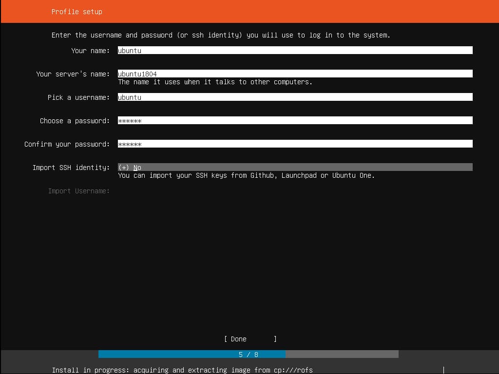 Ubuntu server installation on Profile setup screen showing the Import SSH Identity prompt