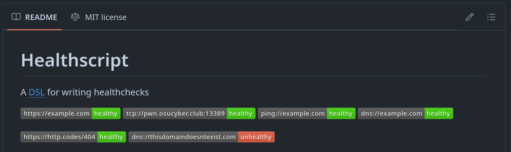 GitHub readme with Healthscript badge