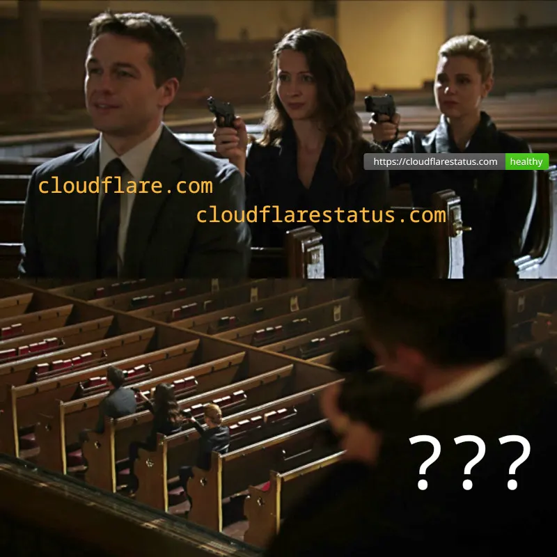 assassination chain meme where cloudflare.com is being shot by cloudflarestatus.com which is being shot by a healthscript badge which is being shot by three question marks