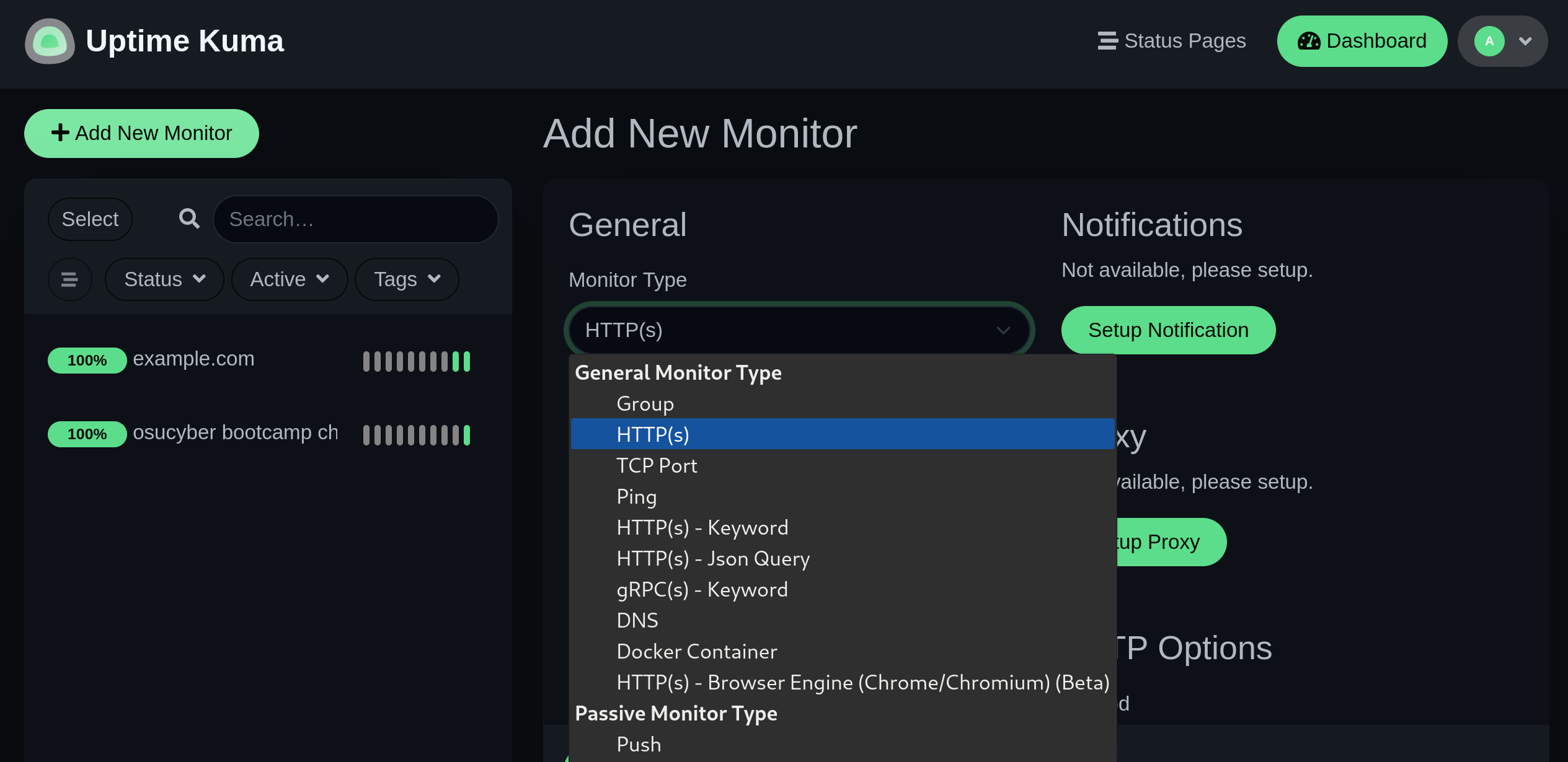 Adding a new monitor in Uptime Kuma showing many monitor types including HTTP, TCP, Ping, gRPC, and DNS