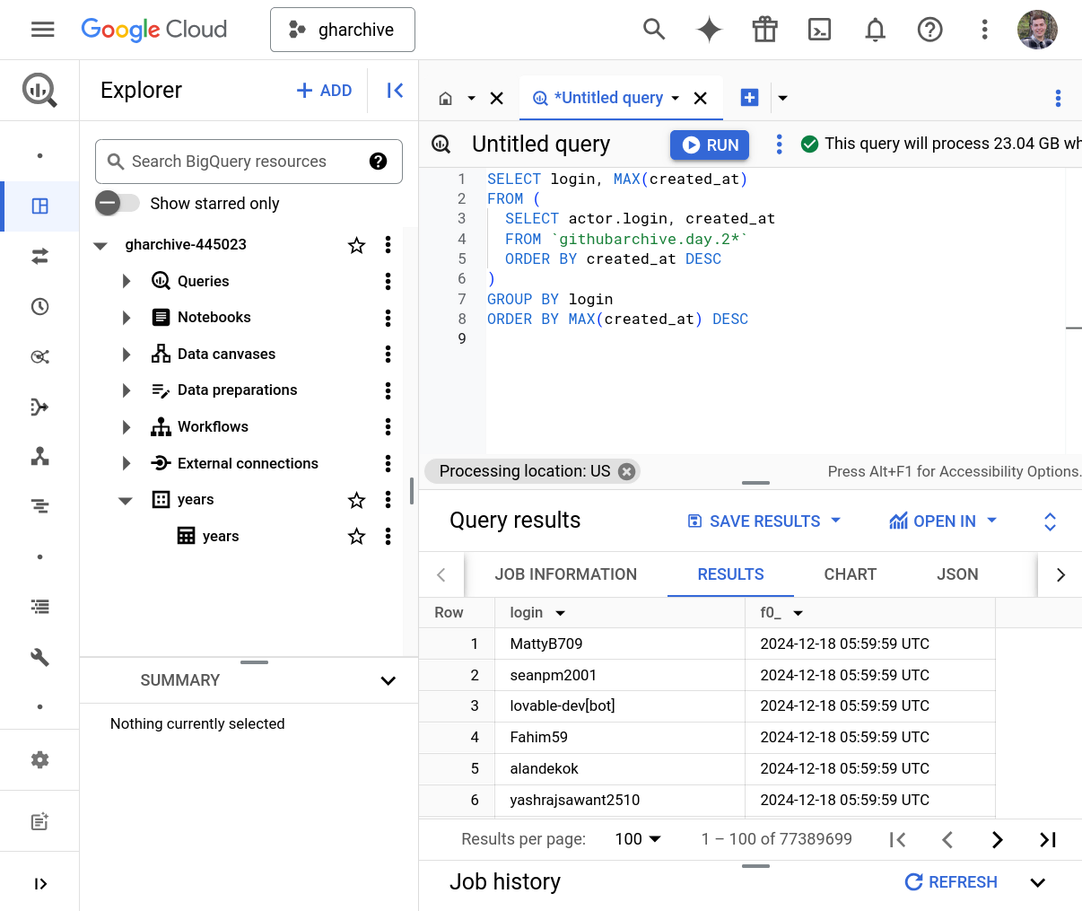 Google BigQuery Studio executing the query and showing the first few results